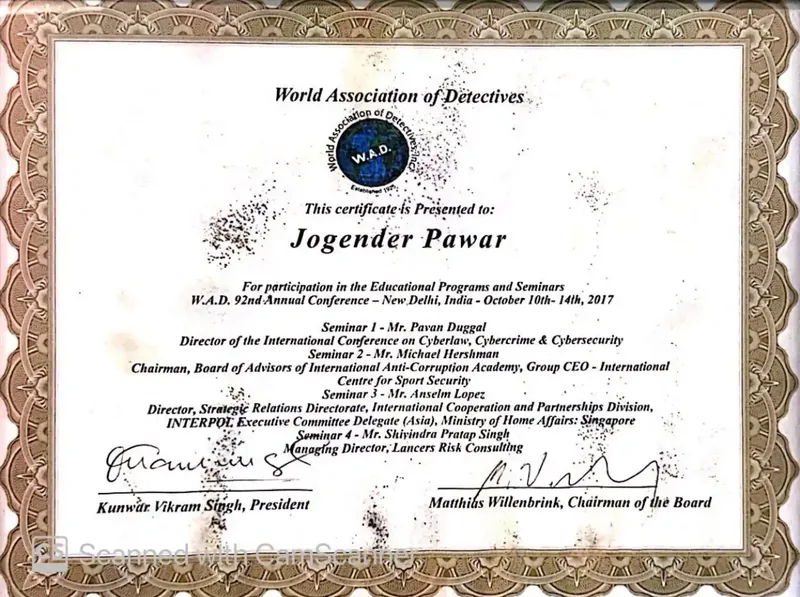 Hawkeye Detective World Association of Detectives certificate presented to Jogender Pawar, New Delhi 2017
