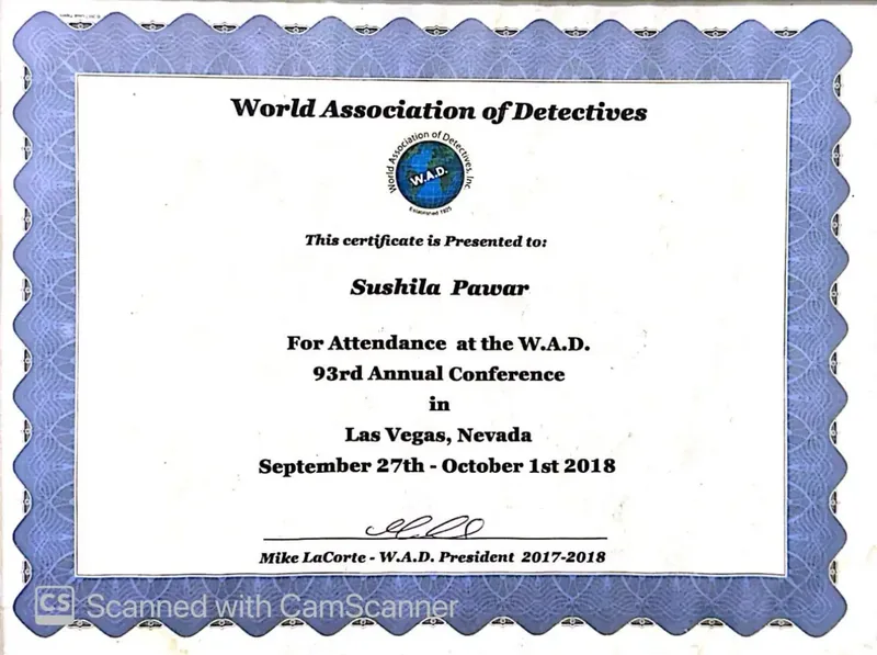 Hawkeye Detective World Association of Detectives attendance certificate for the Las Vegas 2018 annual conference