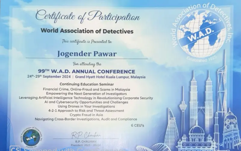 Detective Agency in Chandigarh Certificate of Participation from the World Association of Detectives