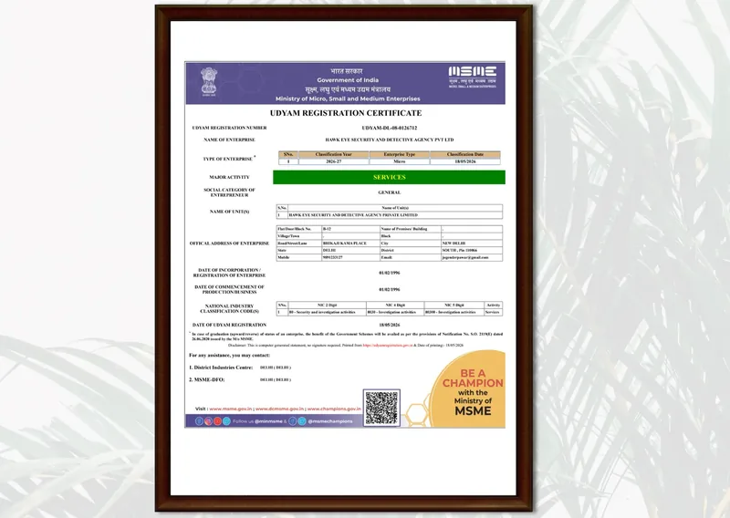 Hawkeye Detective founder with private detective agency registration certificate in the office