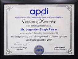 APDI Certificate of Membership awarded to Mr. Jogender Singh Pawar